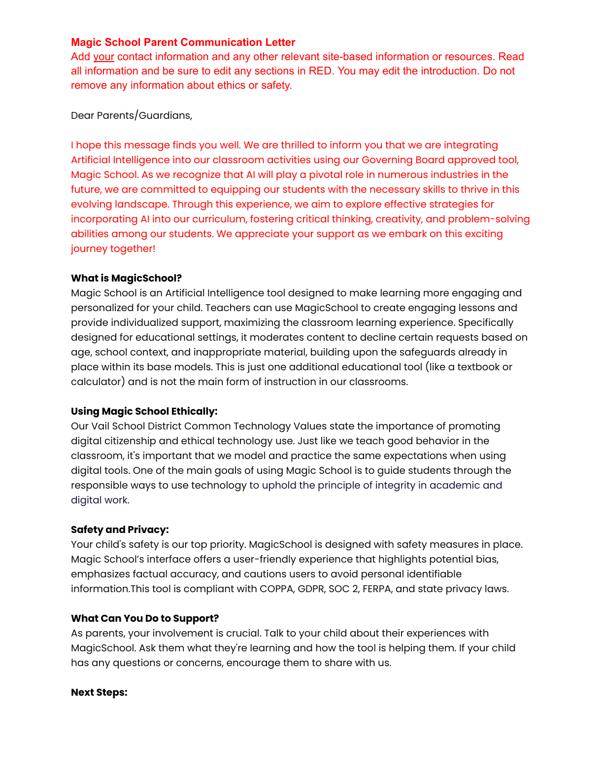 Parent template letter